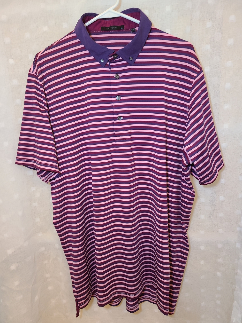 Greyson Okena Polo Mens XL Plumeria Pink Purple Stripe Performance Golf Polo